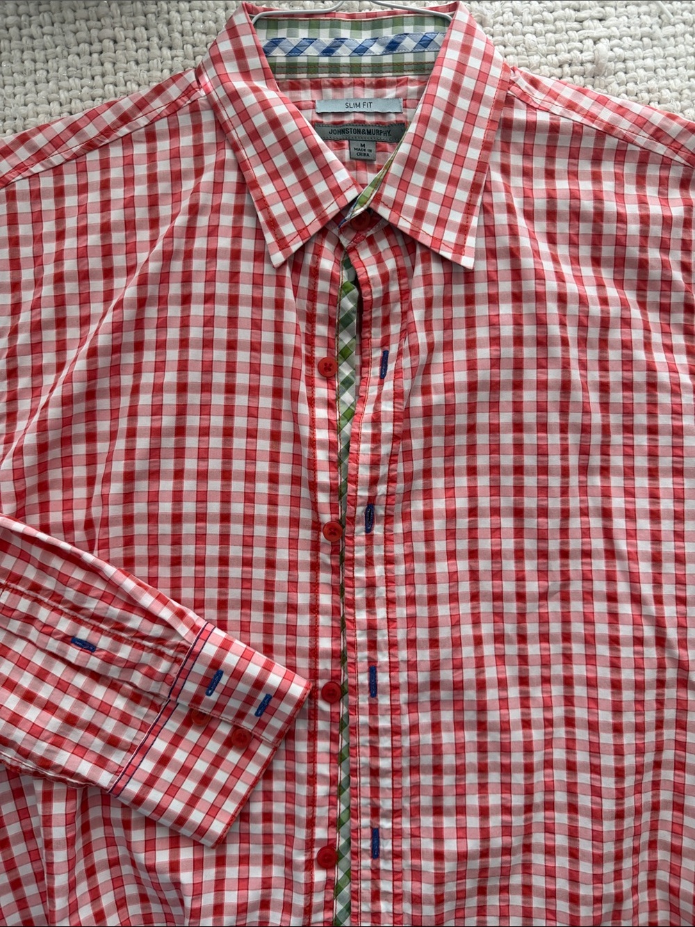 Johnston & Murphy Red and White Gingham Men's Dress Shirt Medium Slim LS